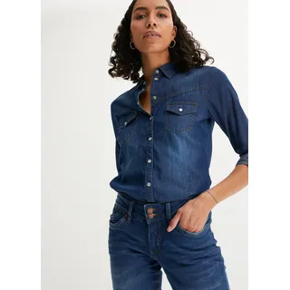 Jeansbluse BONPRIX, Damen, Gr. 40, blau, Denim/Jeans, Obermaterial: 100% Baumwolle, Abriebeffekte, unifarben, schmal normal, 1-Knopf-Manschette krempelbar, Blusen Jeansbluse, schmale Passform, aus reiner Baumwolle, mit Druckknopfleiste, Topseller