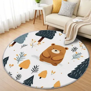 AevuCub Bär Teppich Rund 150cm Kinderzimmer - Waschbare Teppiche Wohnzimmer Süße Waldtiere - Runder Teppich 150 Durchmesser - Bettvorleger Schlafzimmer rutschfest Weich