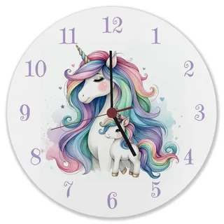 speecheese Einhorn-Mama mit Kind Wanduhr Kinderzimmer Einhorn-Mama und Baby-Fohlen Farbenfrohe Wanduhr für die ganze Familie liebevoll gestaltet mit bunter Mähne