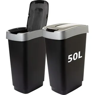Mülleimer mit Deckel Schwingdeckel 50L schwarz - Silber