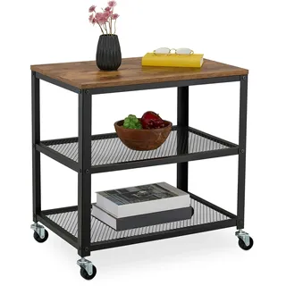Relaxdays Rollwagen, 3 Ablagen, Industrial Design, HBT: 61x60x40 cm, Küchenwagen mit Rollen, Stahl & MDF, schwarz/braun
