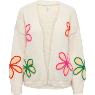 Strickjacke ONLY "ONLMARNIA LIFE LS FLOW OPEN CARD CS KNT", Damen, Gr. XS, birch detail:flan, outline, fuchsia p, flame, deep m, Strick, Obermaterial: 100% Polyester, bestickt, regular fit normal, V-Ausschnitt, Strickjacken Strickjacke, mit 3D-Stickerei, Topseller