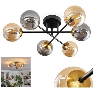 HOFSTEIN Deckenleuchte Chehalis, 6-flammige Deckenlampe aus Metall/Glas in Schwarz/Gold/Bernstein/Rauch, Leuchte im Vintage-Design, Ø Schirme 12 cm, G9, Esszimmer, Schlafzimmer, Wohnzimmer, Küche
