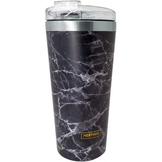 NERTHUS FIH 635 Doppelwandige Thermo-Tasse, 500 ml, Lebensmittelecht, Spülmaschinenfest, Kaffeegläser für Unterwegs, BPA-frei, Edelstahl, Marmor, Schwarz, 8,5 x 19 (H) cm