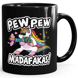 MoonWorks® Kaffee-Tasse Pew Pew Madafakas böses Einhorn Regenbogen Unicorn Schwarz Keramik-Tasse