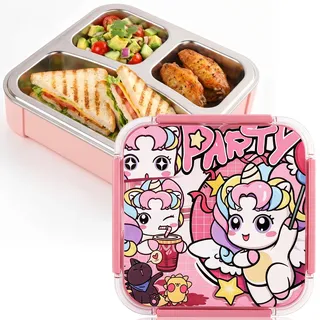 Ausbond Brotdose Kinder Edelstahl-Einsatz, auslaufsicher, BPA-frei, Bento Box mit 3 Fächern, Lunchbox Kinder im Einhorn-Design, 800 ml für Schule, Kindergarten, Reisen und Picknick, wiederverwendbar