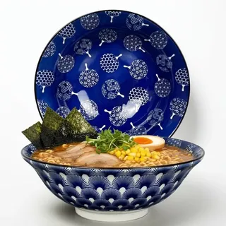 Urban Lifestyle Ramen Schüssel Set 2er Ø 20,5 cm Große Porzellan Schalen 1L Bowl im japanischen Stil für Ramen Pho Suppe & Salat UCHIWA Blau Weiß