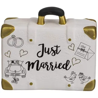 Out of the Blue OOTB Keramik Spardose Koffer mit Stopfen, Hübscher Geldkoffer mit Aufschrift Just Married, 12, 5 x 14 x 5, cm, Witzige Verpackung für Geld-Geschenk für Die Hochzeit. Alternative für Sparschwein