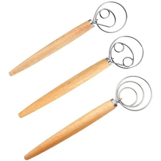 3 Stück Dänischer Schneebesen, 13 Zoll, Professioneller Teig Schneebesen, Teigbesen, Holzgriff Mixer, für Backen Brot Gebäck Dessert Pizzateig