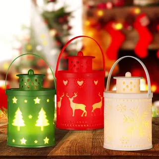 Weihnachtsdeko Laterne,3 Stück Weihnachtsdeko Laterne Tischdeko Weihnachten Weihnachtslaterne mit Warmweißem LED-Licht Weihnachten Deko Innen Beleuchtete Flammenlose Weihnachtskerzen (A)