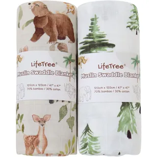 Lebze LifeTree Baby Pucktuch Musselin Tuch, 2 Stück 120x120cm Musselin Swaddle Decke Baby Bambus Baumwolle Swaddle Wrap für Junge und Mädchen, Waldtiere