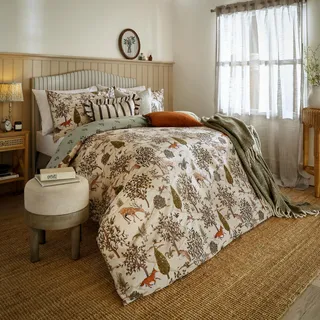 Wylder Fable Bettbezug-Set – Wald Herbst Rustikales Blattmotiv Wendebettwäsche (Weidengrün – King)