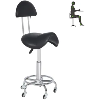 REDCAMP Sattelhocker mit Rollen & Rückenlehne | Ergonomischer Bürohocker 360° Drehbar | Höhenverstellbar (50-66 cm) | 180kg Traglast | Silent-Rollen für Küche Massage Büro | Schwarz