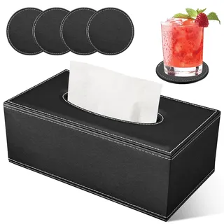LADSTAG Taschentuchbox Taschentuchspender Kosmetiktücher Box aus PU Leder, Taschentücher Box Tissue Cover Tücherbox Rechteckige 25×13,5×9,5 cm, Lieferung mit 4 Untersetzern als Geschenk(Schwarz)
