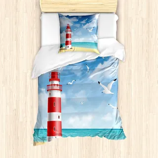 ABAKUHAUS Strand Mantele, Leuchtturm Möwen Ozean, Milbensicher Allergiker geeignet mit Kissenbezügen, 135 cm x 200 cm - 80 x 80 cm, Vermilion Blau - Blau