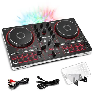 Numark Party Mix III Bluetooth DJ-Controller mit integrierten Lichtern | Beat Assist, Smart Fader, 16 Pads, 2-Deck-DJ-Mixer, Stems-Steuerung, USB-C, Serato DJ Lite und Algoriddim djay inklusive