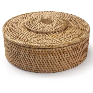Runder Rattan Aufbewahrungskorb mit Deckel, Natürlicher Geflochten Obstkorb, Dekorativer Gewebter Box für Tisch oder Regal (26 x 26 x 9 cm)