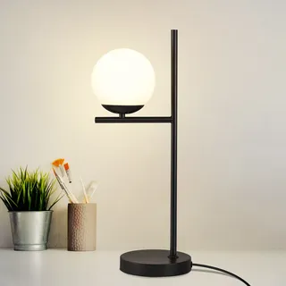 ZMH Nachttischlampe Schwarz Modern Tischlampe 1 Flammig Metall Tischleuchte mit Schalter aus Weiß Glas E27 Fassung für Wohnzimmer Schlafzimmer Kinderzimmer - Schwarz