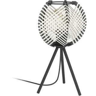 EGLO Tischlampe Waverton, Stativ Nachttischlampe, Dreibein Tischleuchte aus Metall und Holz in Schwarz, Textil in Weiß, Deko-Lampe mit E27 Fassung