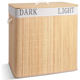 VOUNOT® Wäschekorb Bambus mit Deckel, 150L Wäschesammler mit 3 Fächer, 2 Herausnehmbaren Wäschesäcke & Griffen, Extra Groß Faltbarer Wäschebox für Schlafzimmer Badezimmer Waschküche, Holzfarbe