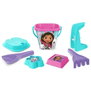 Wader 82142 - Gabbys Dollhouse Sandspielzeug Set mit 2 L Eimer, Sandmühle, Sieb, Schaufel, Rechen und Zwei Sandformen, 7-teilig, für Kinder ab 12 Monaten, als Geschenk für kreatives Spielen