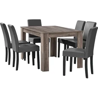 [en.casa] Esstisch Eiche antik mit 6 Stühlen dunkelgrau Kunstleder gepolstert 140x90 Essgruppe Esszimmer - Braun, Dunkelgrau, Schwarz