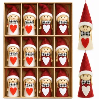 MIJOMA 12er Set Weihnachtswichtel – Handgemachter Baumschmuck aus Holz & Stoff – Deko-Wichtel für Tannenbaum Adventskranz Geschenkanhänger (Wichtelmädchen mit Herz)