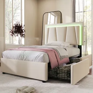 Flieks Polsterbett 90x200cm mit Lattenrost, Stauraumbett mit 2 Schubladen, Einzelbett Jugendbett mit Verstellbarem Kopfteil, Holzbett Leinen, Beige - Beige