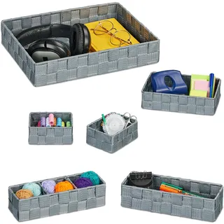 Relaxdays Aufbewahrungskorb 6er Set Körbchen in 4 Größen geflochten aus Kunststoff 25 x 35 x 7 cm grau