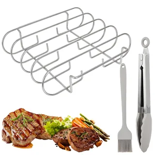 Spareribs Halter Grill, Edelstahl Rippchenhalter, BBQ Rib Rack mit Öl-Pinsel und Grillzange, Geeignet für Gas- und Holzkohlegrill, Backofen, zum Grillen von Steaks, Rippchen, Grillhähnchen