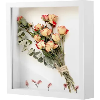XREE 3D Bilderrahmen 20x20x4.4 cm, Objektrahmen Tief Bilderrahmen zum Befüllen Rahmen Quadratisch Rahmen für Fotos Blumen Hochzeitsstrauß DIY Deko (Weiß)