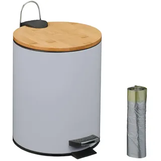 Relaxdays Kosmetikeimer , Hellgrau , Metall, Holz, Kunststoff , Rund , 20.5x26x25 cm , Badaccessoires, Abfalleimer