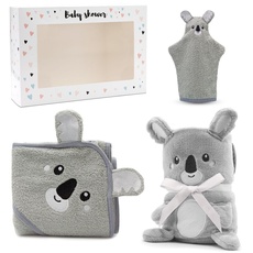 3 Set Geschenk zur Geburt - Babydecke + Kapuzenhandtuch + Baby Waschlappen - Baby Decke wird zusammengerollt zum Kuscheltier - Neugeborenen Geschenk in verschiedene Designs
