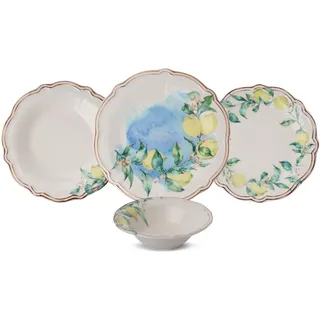 Vintage 24-Piece Dinner Set, 100% Porcelain, Microwave & Dishwasher Safe | Includes Service Plates, Bowls & Dessert Plates | Green, Yellow & Brown Design