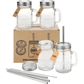 4er Set Trinkgläser mit Deckel und Strohhalm – 16oz/473ml Mason Jar Trinkglas limonadengläser, Glas mit Henkel und Strohhalm, Smoothie Gläser, Trinkglas für Eiskaffee