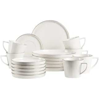 MÄSER, Serie Sita, Teller Set für 6 Personen, Essgeschirr aus weißem Porzellan mit Goldrand, schlicht, elegant, Porzellan, weiß