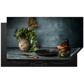 MuchoWow Herdabdeckplatte Kräuter - Gewürze - Pfanne - Messer - Grau - Rustikal 90x52 cm , Petrol , Kunststoff , Rechteckig , 90x52x0.2 cm , Made in Europe , Küchen, Küchenelektrogeräte, Herde, Herdabdeckplatten