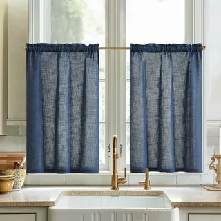 Vangao Einfarbig Scheibengardine Modern Küche Leinenoptik Bistrogardine 2er Set 65Bx60Hcm Vorhänge Lichtdurchlässig Küchengardinen mit Stangendurchzug für Wohnzimmer Landhaus Gardinen Kurz Indigo Blau