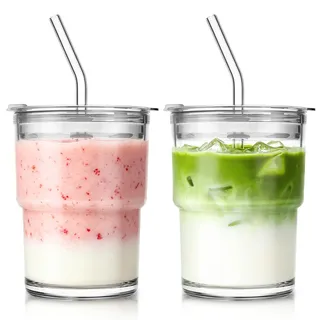 SoulTimes 380 ml Trinkglas mit Deckel und Glasstrohhalm, 2er Set – Eiskaffee Gläser aus dickem Glas für Wasser, Eistee, Kaffee oder Saft, Glasbecher für Zuhause & unterwegs