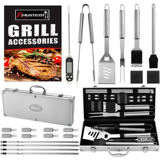 Grillset, ROMANTICIST 21PCS Grillbesteck Koffer + BBQ Thermometer, Edelstahl Grillbesteck Set, Edelstahl Grillzubehör für Männer Papa Frauen