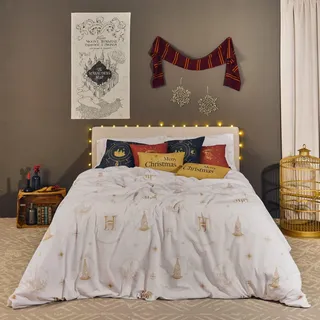 Belum Bettbezug Harry Potter, Bettbezug mit Knöpfen, 50% Baumwolle, 50% Polyester, Modell Hogwarts Gold Christmas 90 (155 x 220 cm)