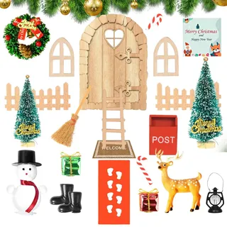 Gcstnn Wichtel Zubehör Weihnachten Set, 25PCS Wichteltür Komplettset, Mini Wichtel Tür ,Holz Deko für Feentür, mit Schneemann,Weihnachtsbaum,Elche,DIY Geschenk für Kinder