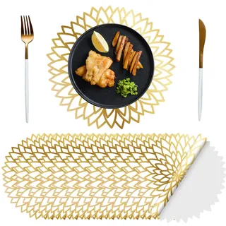 100 Stück Einweg-Tischsets aus Papier, goldfarben, metallisch, rund, 33 cm, laminiertes Papier, Blatt, Esstischdekoration, gepresstes Papier, Hochzeit, Heimdekoration (Goldblüte)