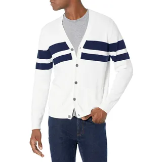 Amazon Essentials Herren Strickjacke aus Baumwolle, Marineblau Weiß Rugby-Streifen, M