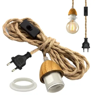 Vintage Hängelampe mit Stecker, 510cm Industrielle Pendelleuchte Kit mit Schalter, Lampenfassung E27 mit Kabel, Retro Hanfseil Pendellampe Kit, Lampenschirm Kann Montiert Werden, für Loft Terrasse