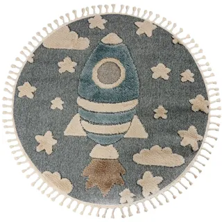 Kinderteppich KAYOOM "Modena 416", blau, B:133cm H:11mm L:133cm Ø:133cm, Polypropylen, Teppiche, Kinderteppich, auch in rund, Kurzflor, Hoch Tief, mit Fransen