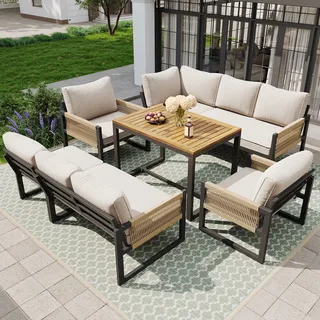 MERAX Gartenlounge-Set Outdoor Gartensofa Balkonset für 8 Person, 6-tlg., Inkl. Sofas, Sessel, Eckstuhl & Tisch, Sitzgruppe mit Eisenrahmen - Beige