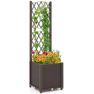 COSTWAY Blumenkasten mit Rankgitter, Pflanzkasten für Kletterpflanzen, Pflanzkübel mit Sichtschutz, Hochbeet mit Spalier & Selbstbewässerung, Blumenkübel Garten Hof Balkon (Braun, 40 x 40 x 140 cm)