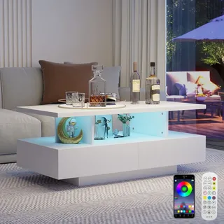 Couchtisch Wohnzimmertisch mit LED Beleuchtung Beistelltisch Bluetooth 105x55cm - weiß - 50 cm X 40 cm X 105 cm