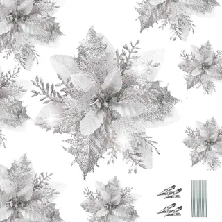 WUBAYI 12 Stück Weihnachtsbaum-Blumen Dekor mit 12 Stielen und Clips, Weihnachten Glitzer Künstliche Weihnachtssterne Blumen für Weihnachtsbaum Hochzeit Neujahr Xmas Girlande Kranz Dekoration (Silber)